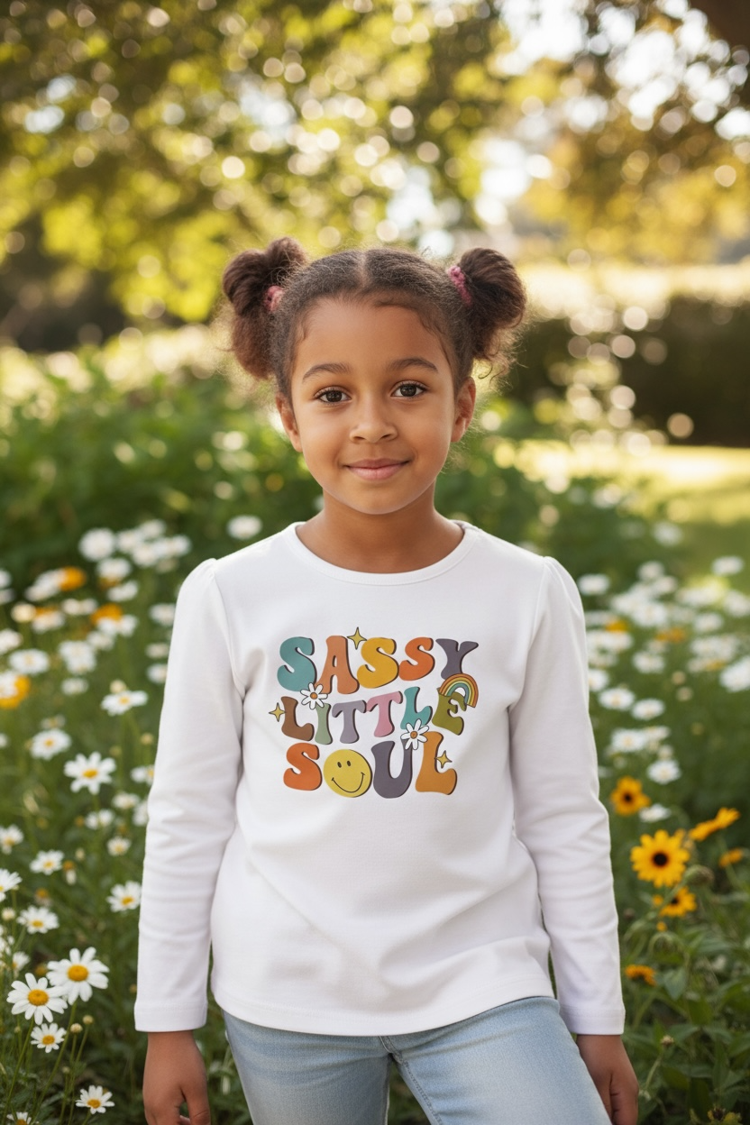 Young girl wearing a white sweatshirt with colorful text in a garden setting