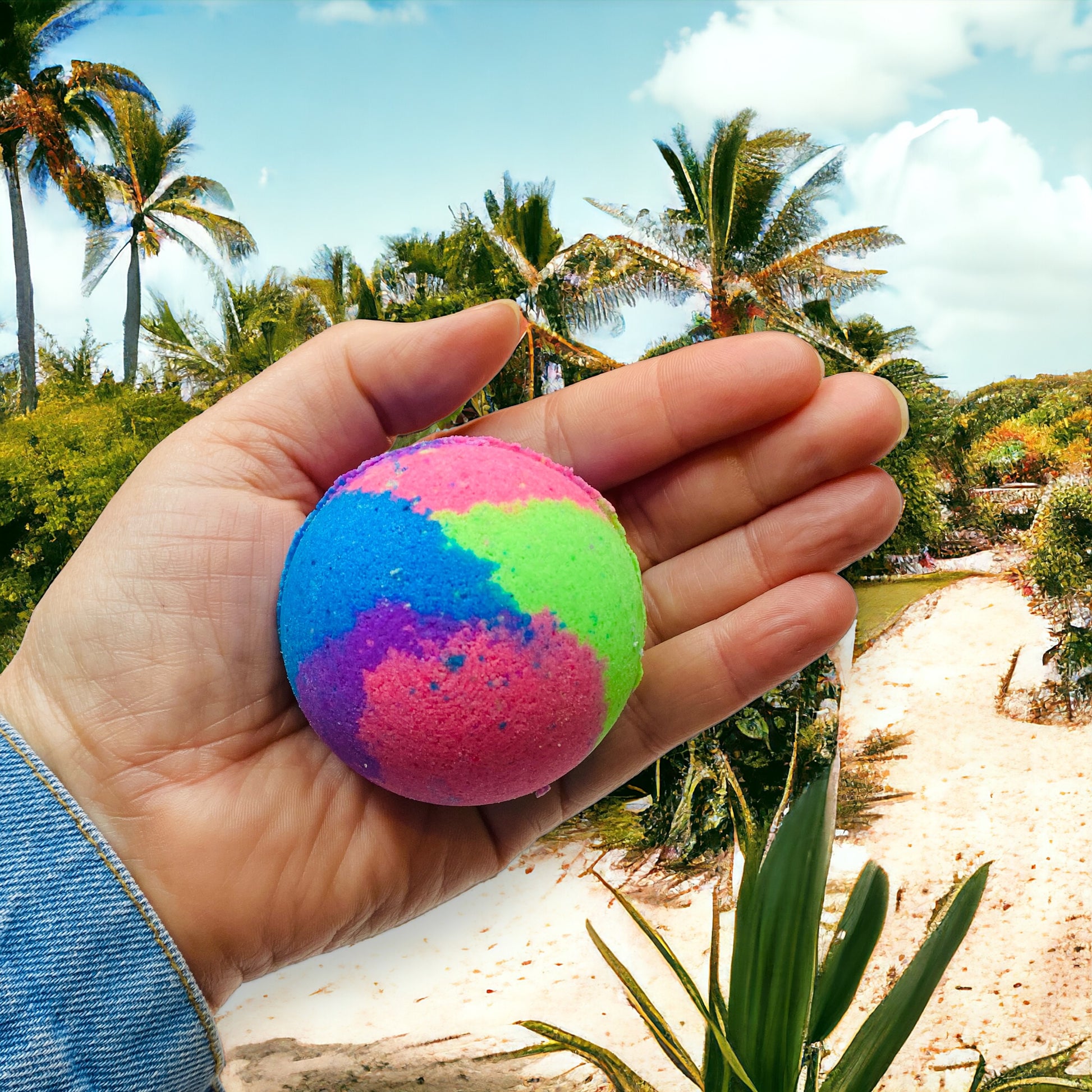 Colorful bath bomb held in a hand with palm trees and a clear sky in the background
