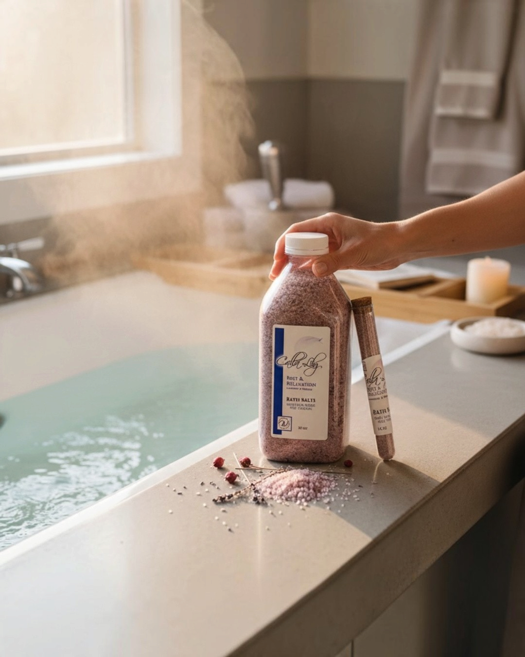 Person holding a bottle of bath salts by a bathtub with steam