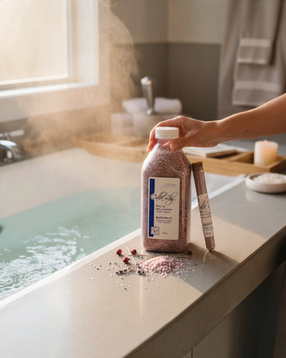 Person holding a bottle of bath salts by a bathtub with steam