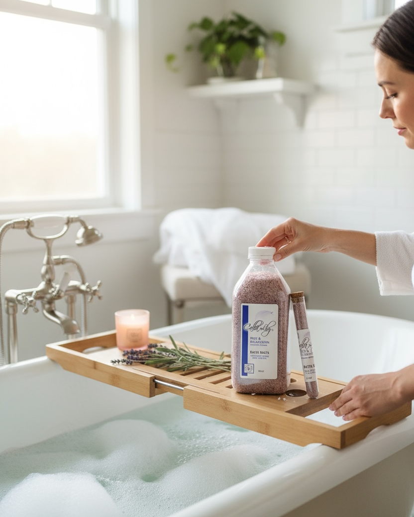 Woman by a bathtub with a bath caddy and bottle of Epsom salts.