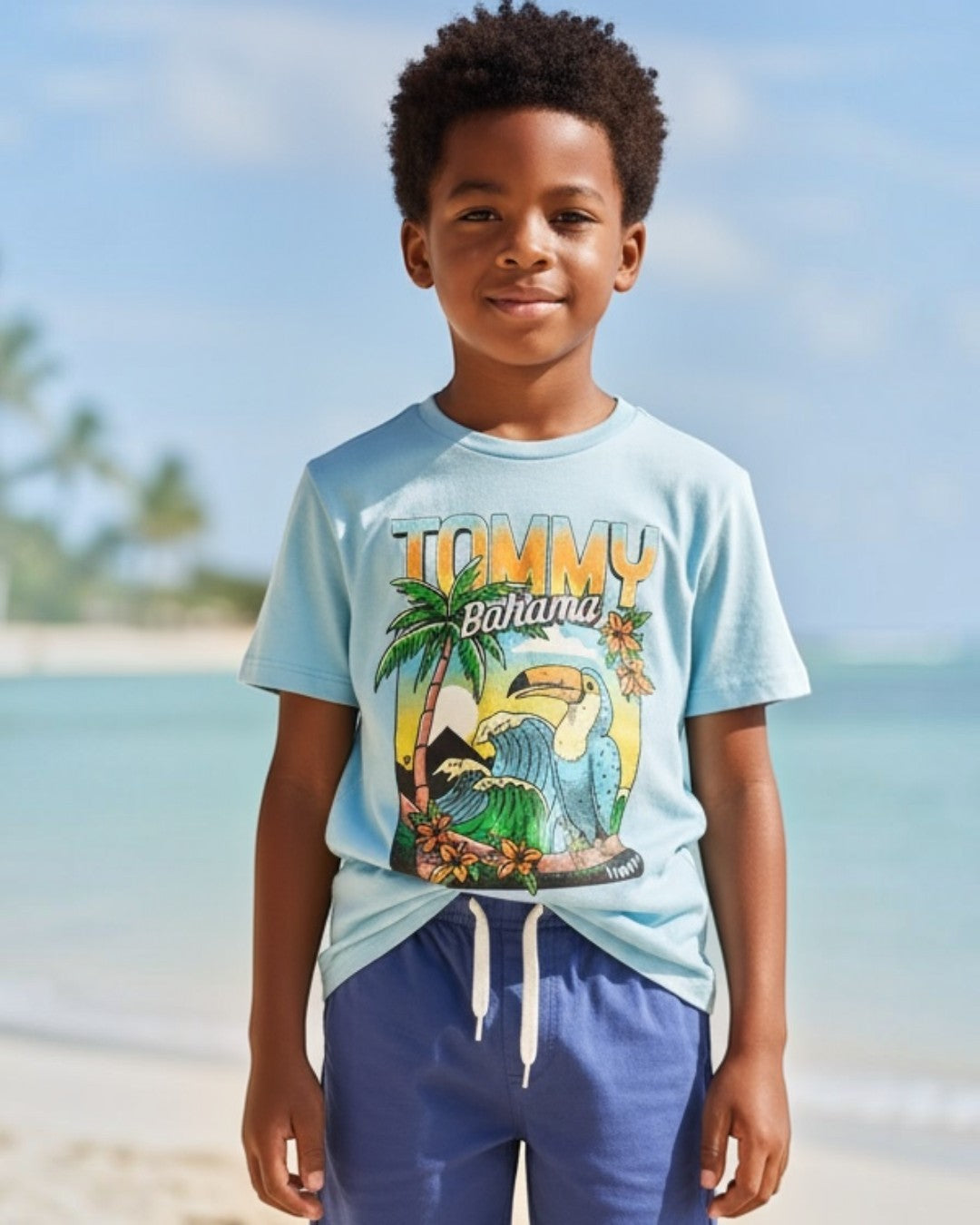 Child wearing a light blue t-shirt with a graphic design and blue shorts standing on a sandy beach with ocean and sky in the background.