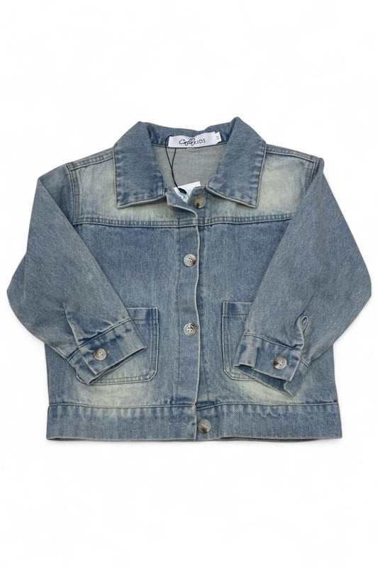 Blue denim jacket on a white background