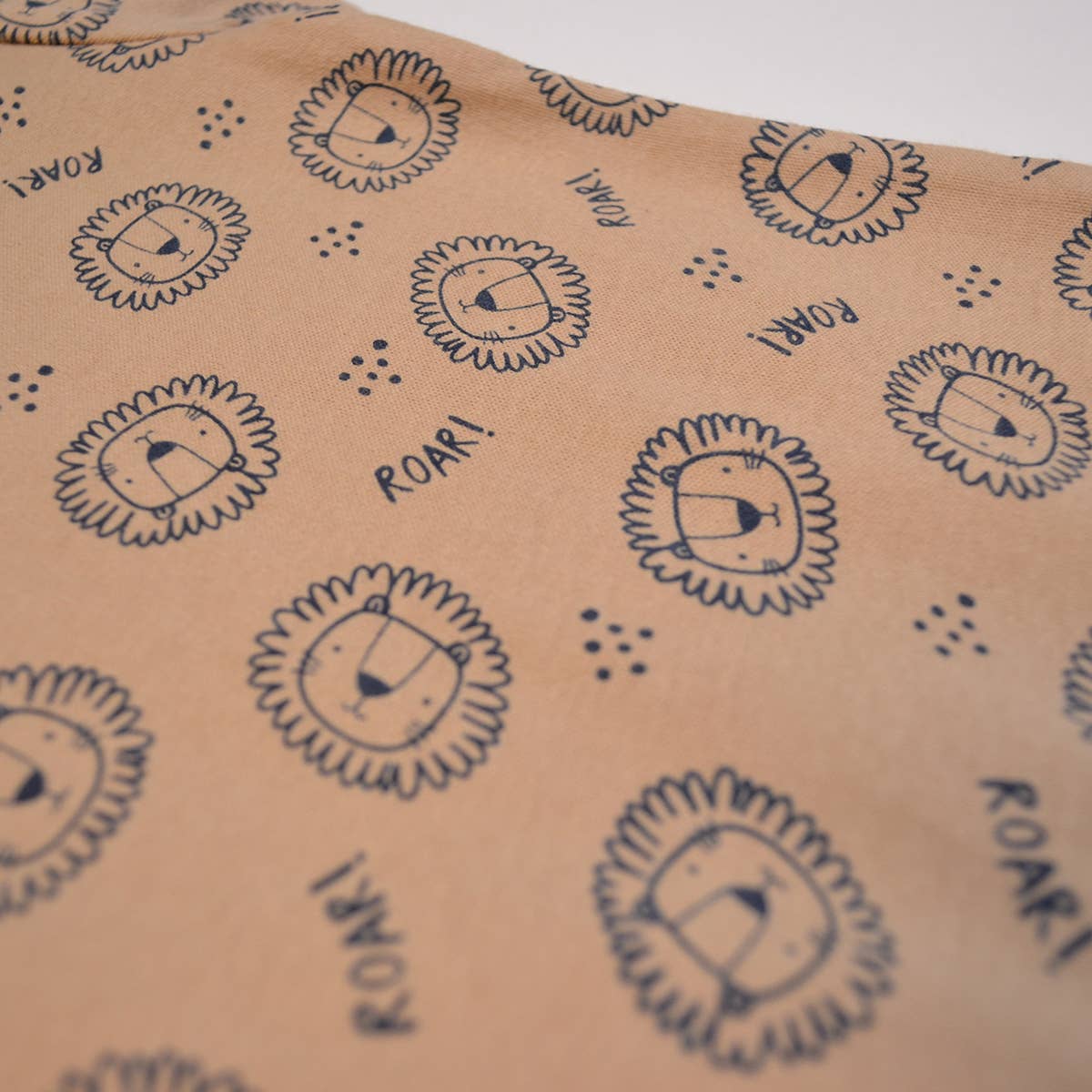 Brown paper with blue lion illustrations and 'ROAR!' text