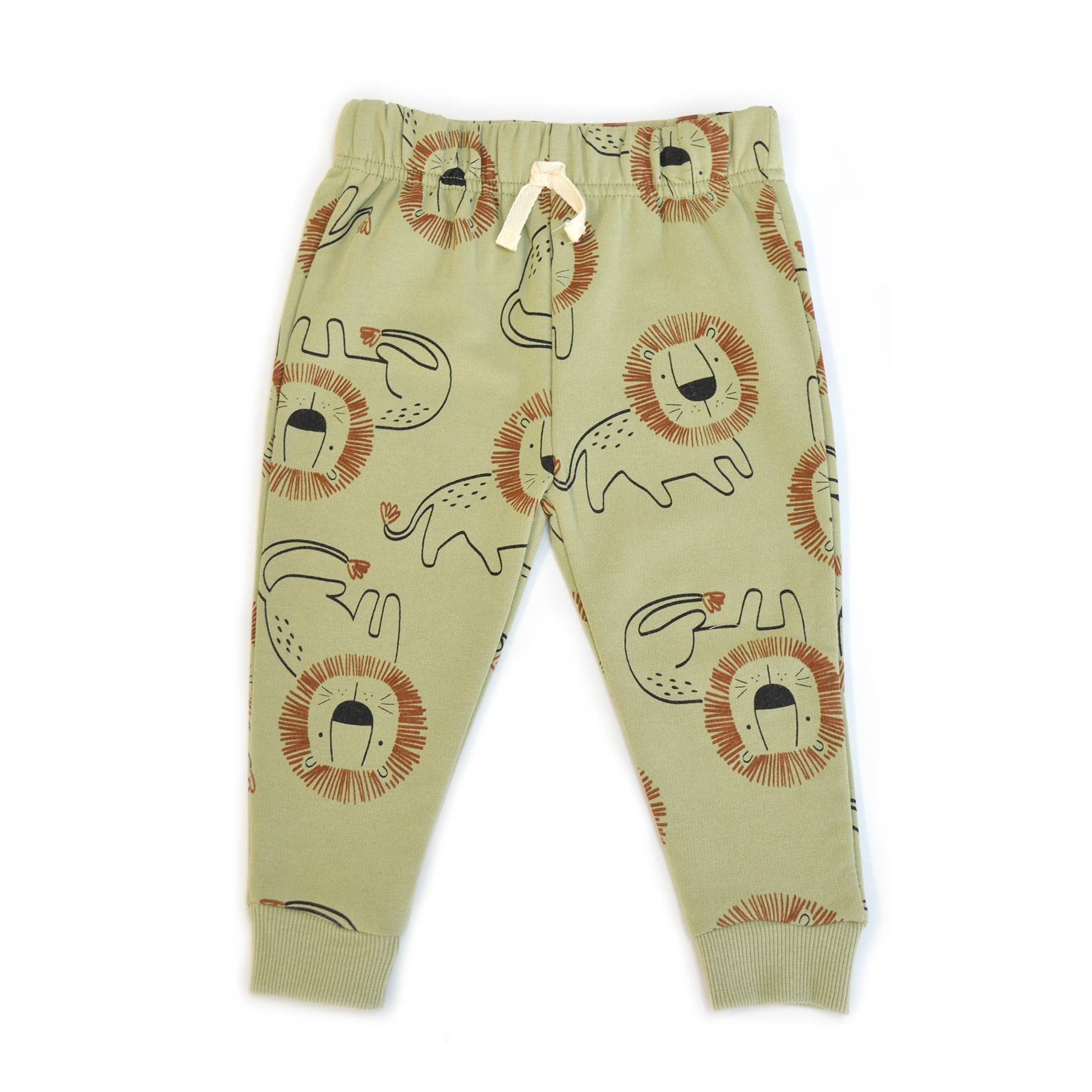 Beige children's pants with lion print on a white background