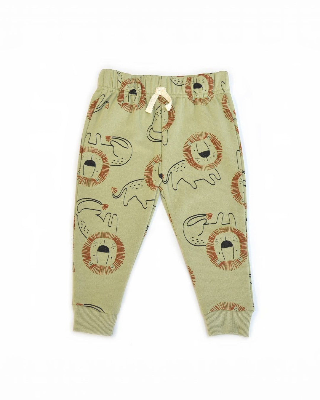 Beige children's pants with lion print on a white background