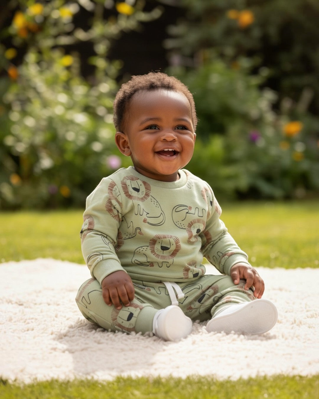 Baby sitting on a blanket outdoors with a garden background