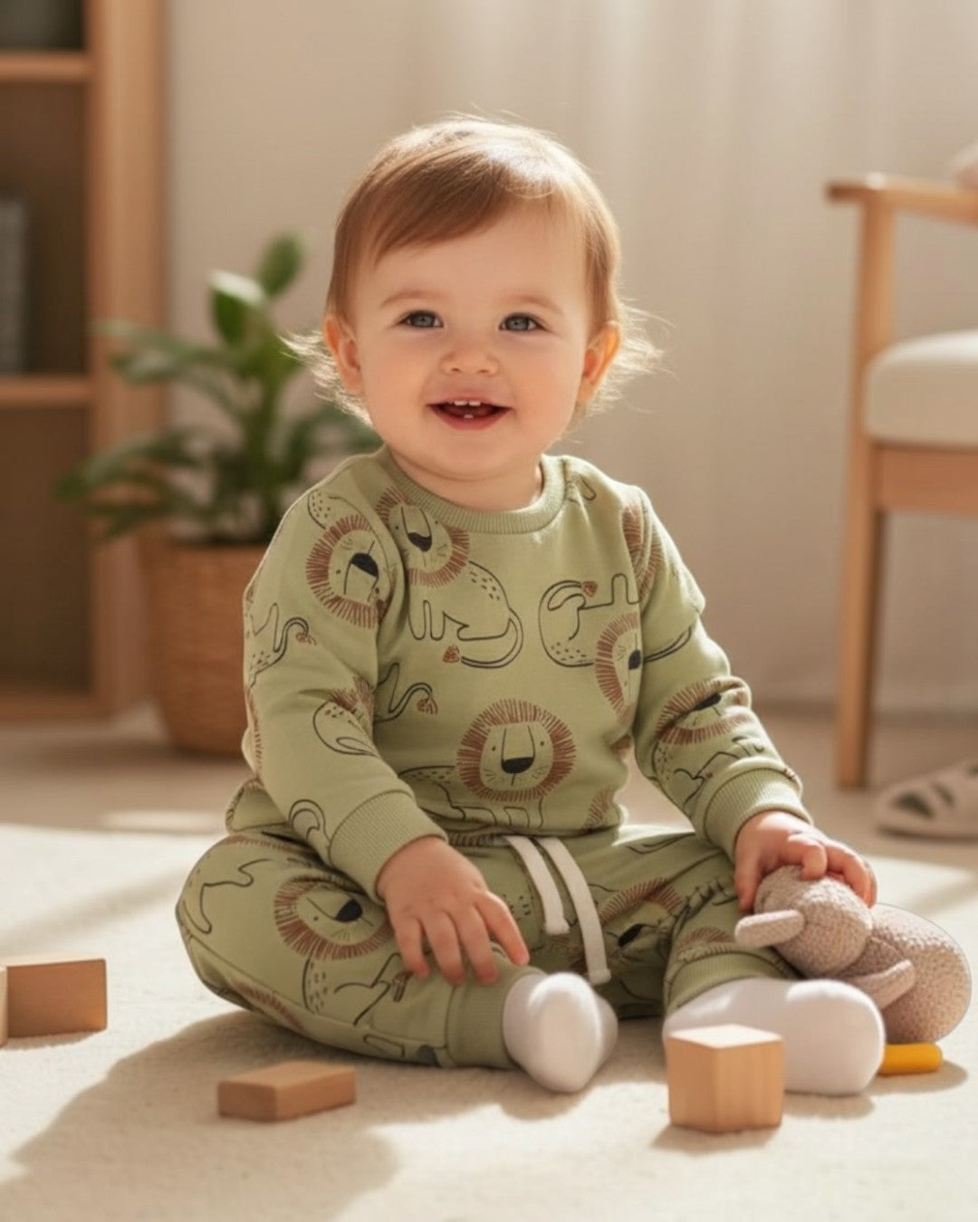 Baby sitting on a light-colored floor with wooden blocks and a plush toy, wearing a green outfit with animal prints.