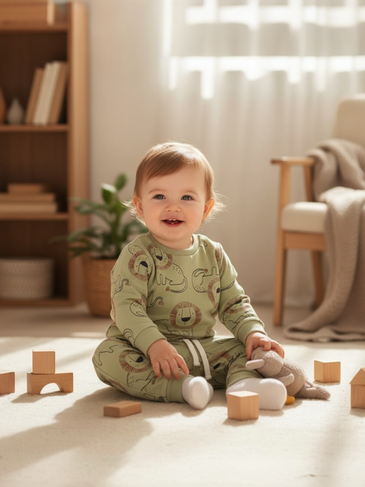 Baby sitting on a light-colored floor with wooden blocks and a plush toy, wearing a green outfit with animal prints.