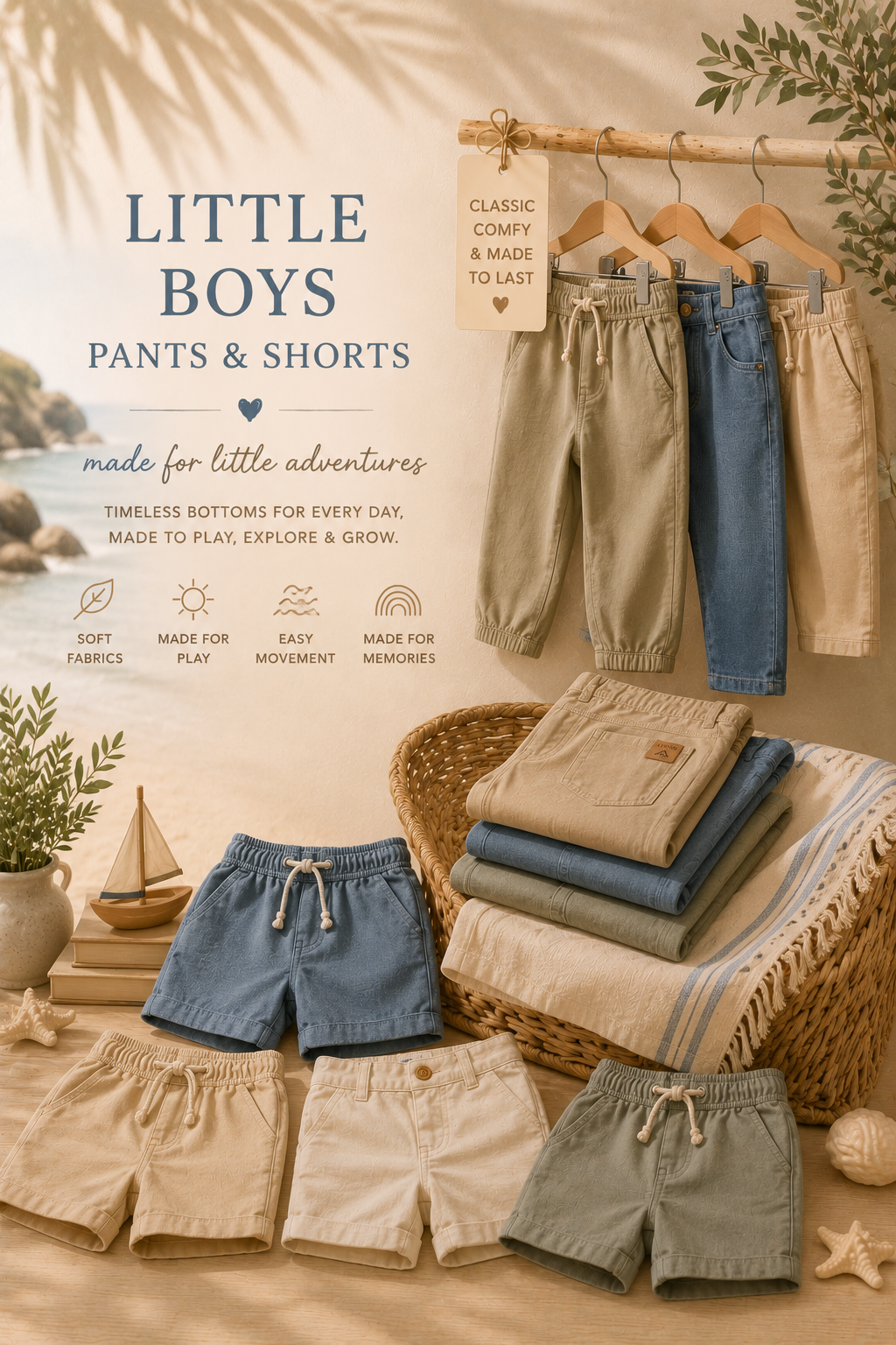 Children's pants and shorts displayed with a 'Little Boys' text on a neutral background.