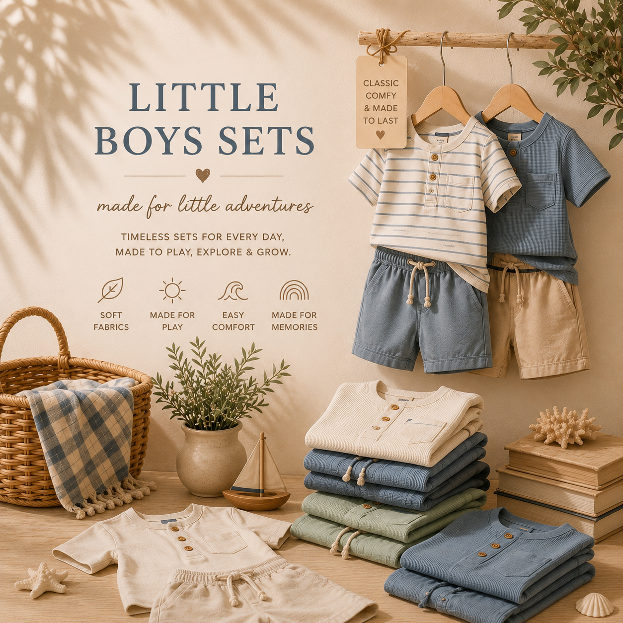 Children's clothing sets for boys displayed on a wooden surface with text about the products.