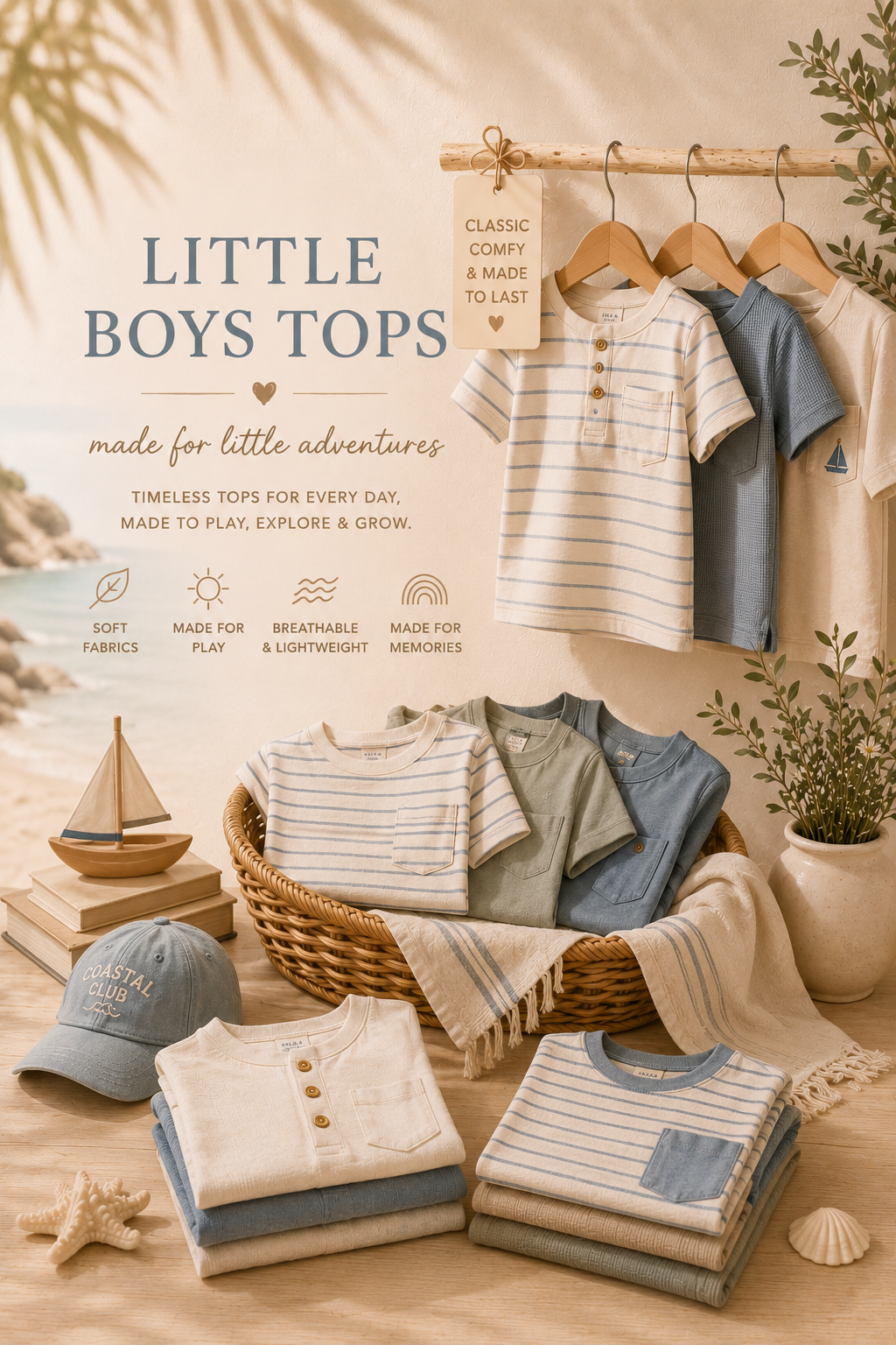Collection of boys' tops displayed on hangers and a basket with a beach-themed background.