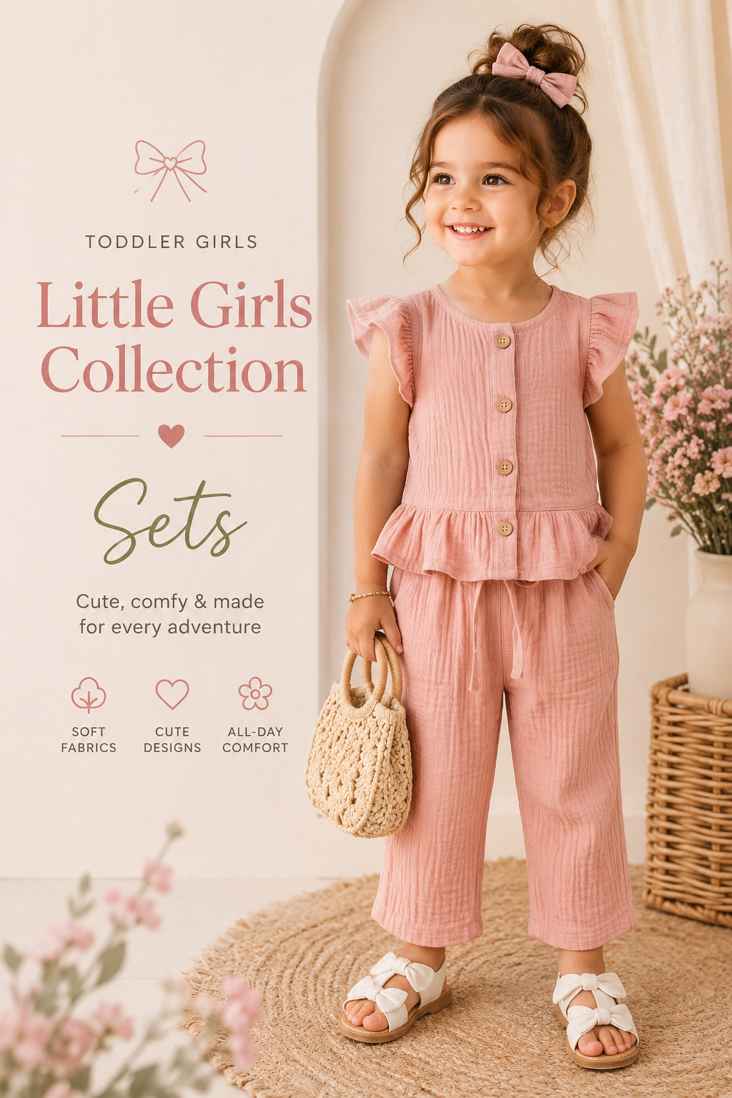 Young girl in a pink outfit with text about a toddler girls collection.