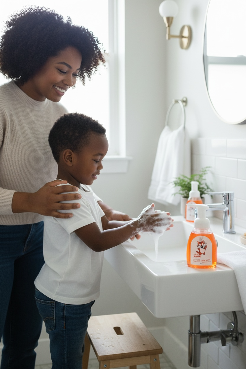 Woman and child washing hands in a bathroom with soap bottles on the sink.