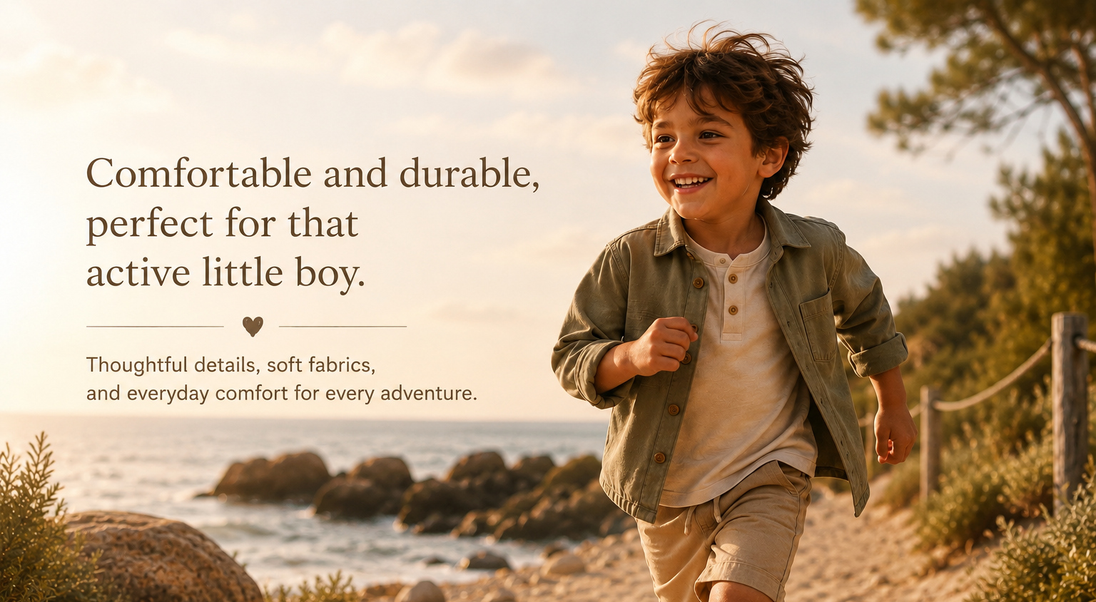 Child running on a beach with text about comfort and durability