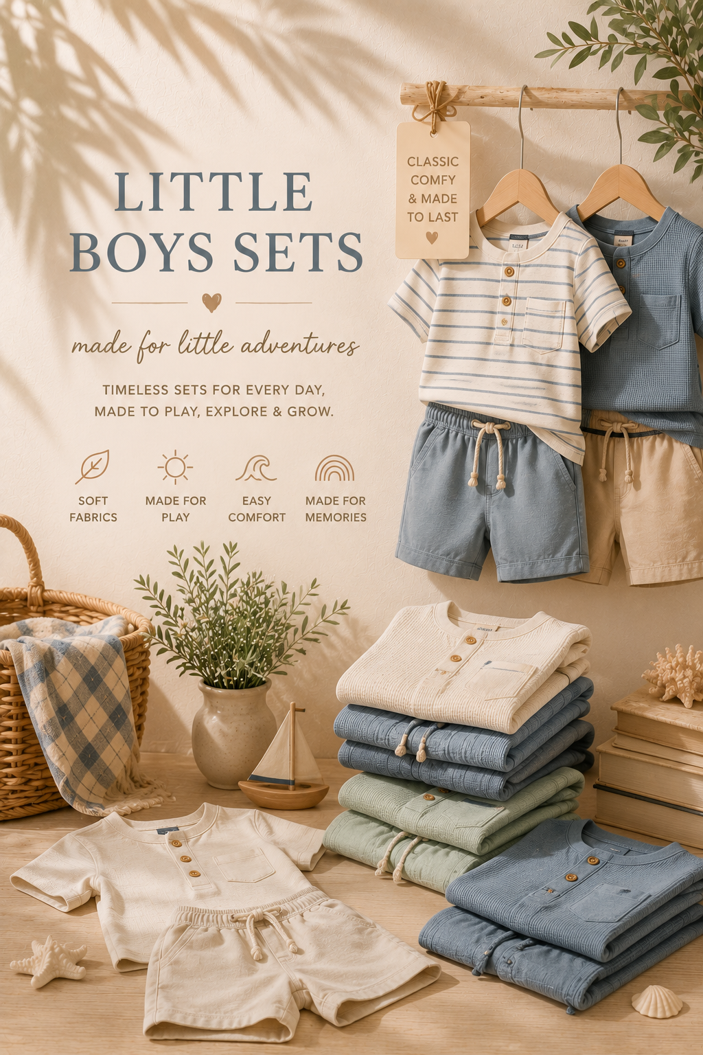 Children's clothing sets displayed on hangers with text about the products.