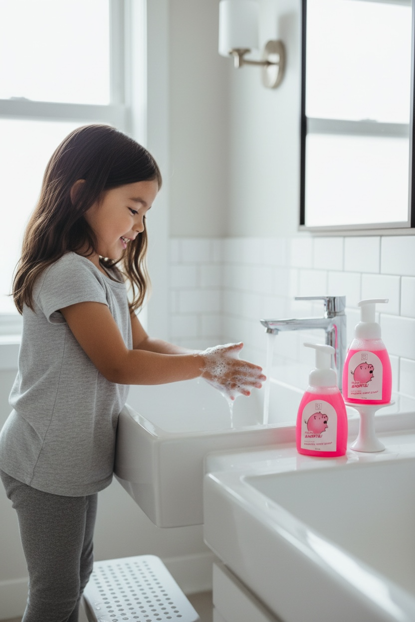 Child washing hands with pink soap in a bathroom