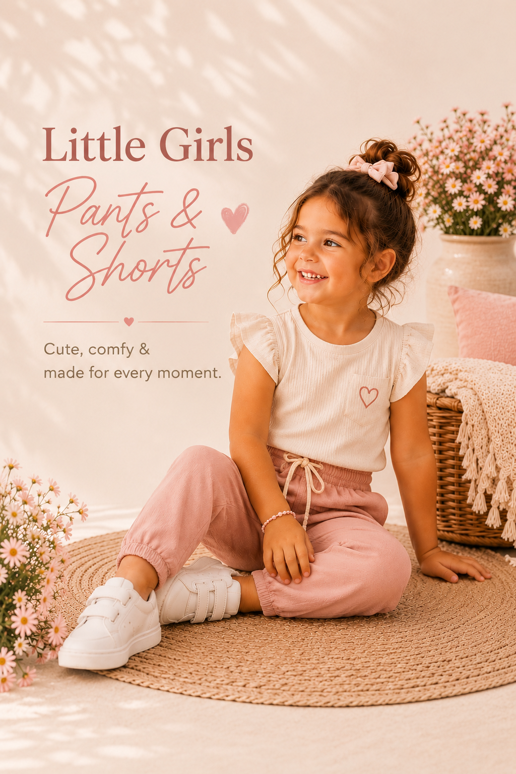 Young girl in pink pants and white shirt sitting on a woven mat with flowers and text about children's clothing.