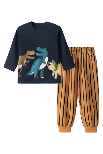 Children's outfit with navy shirt featuring dinosaur illustrations and striped brown pants on a white background