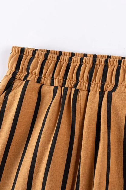 Close-up of brown pants with black stripes on a white background