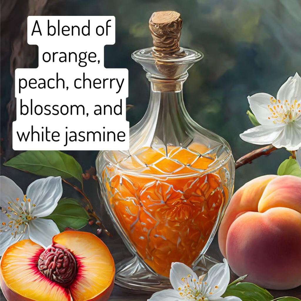 Glass bottle with orange liquid, surrounded by peaches and flowers, with text describing scents.