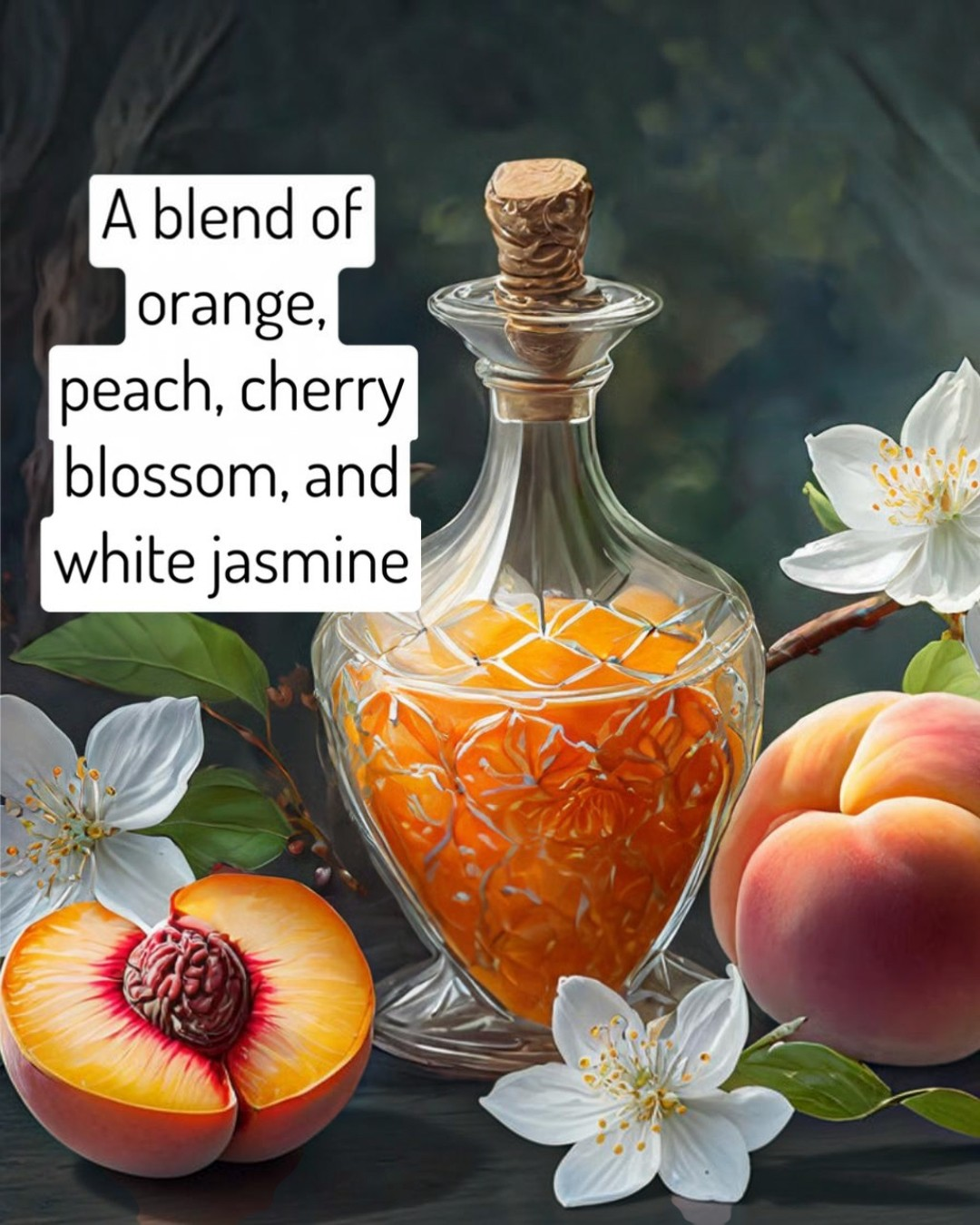 Glass bottle with orange liquid, surrounded by peaches and flowers, with text describing scents.