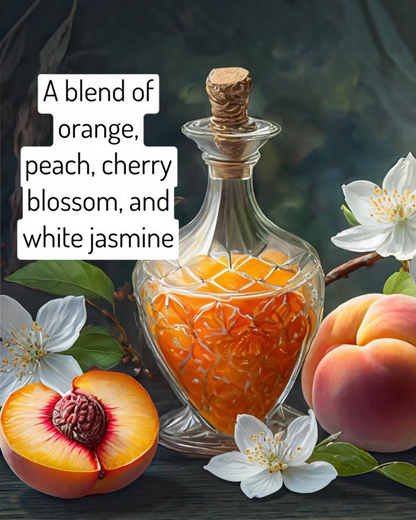 Glass bottle with orange liquid, surrounded by peaches and flowers, with text describing scents.