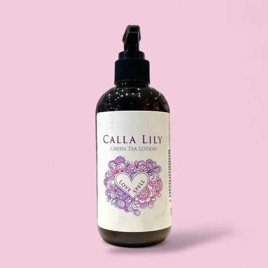 Calla Lily green tea lotion bottle on a pink background