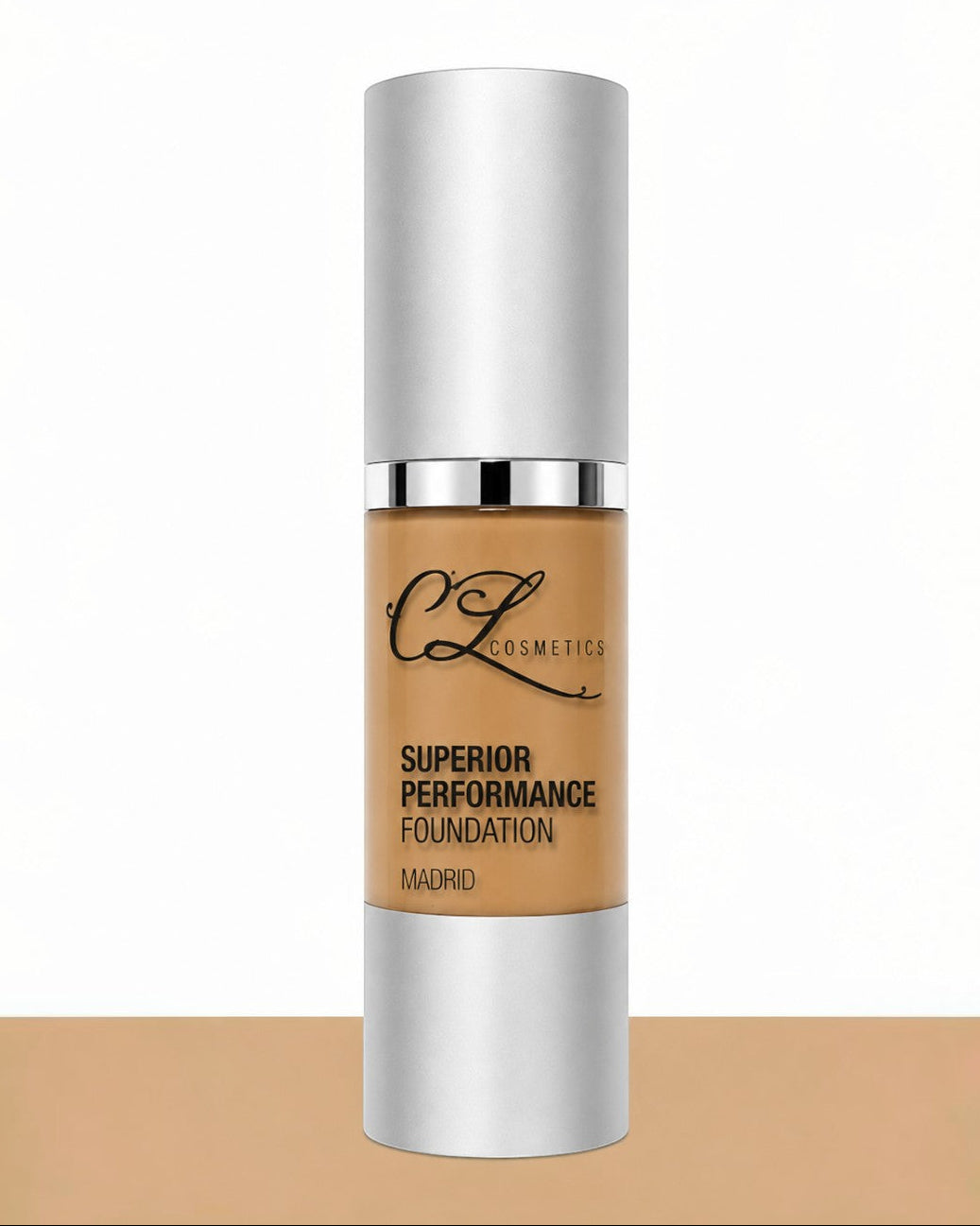 Foundation bottle with silver cap and beige body on a white background
