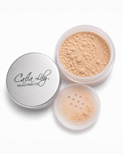 Cala Lily mineral makeup container with open lid on a white background
