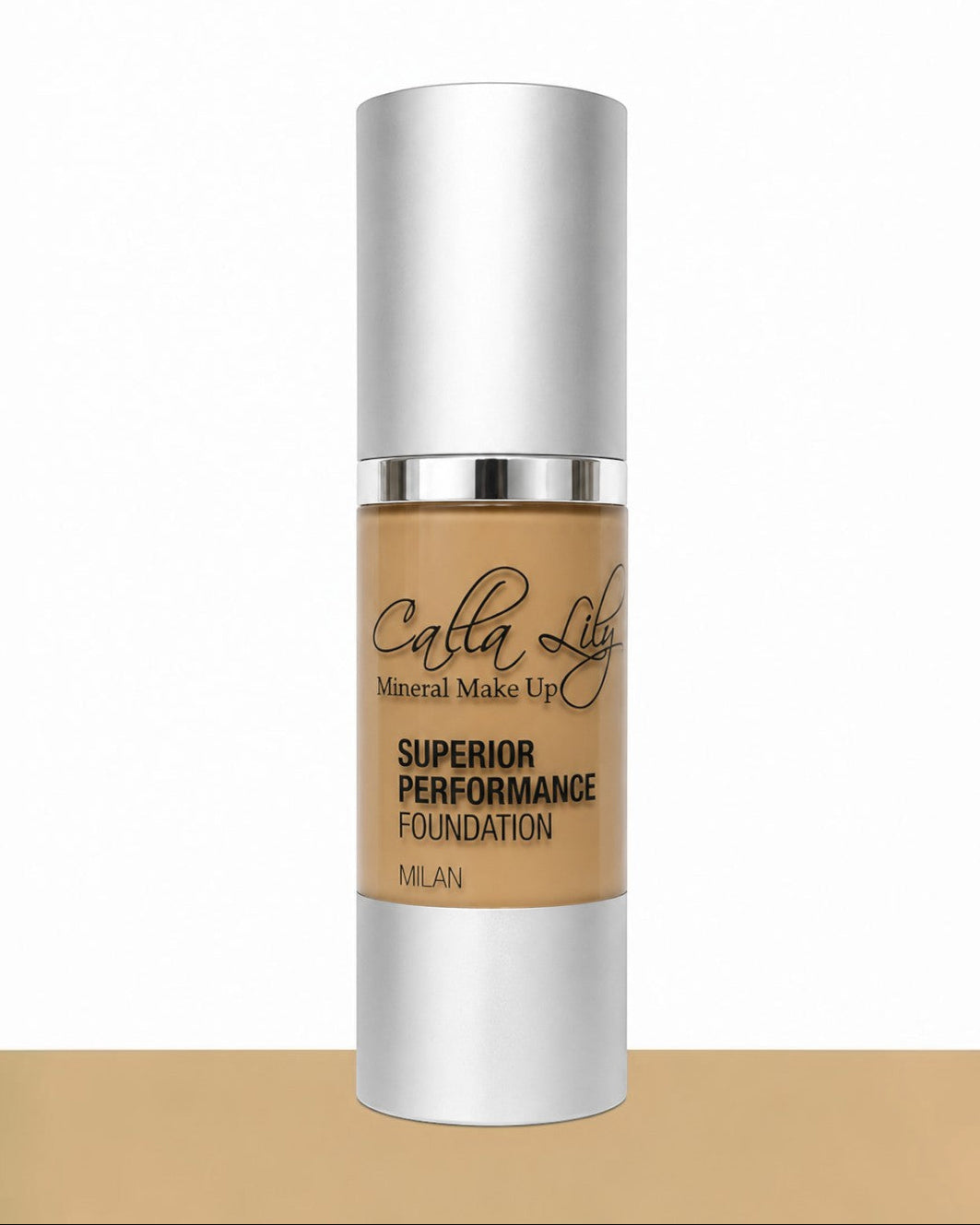 Calla Lily foundation bottle on a beige background