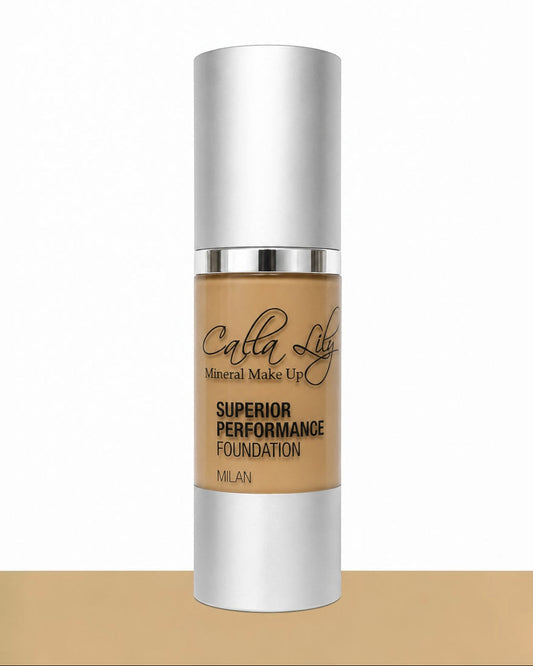 Calla Lily foundation bottle on a beige background