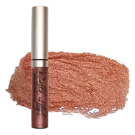 Lip gloss with a swatch of color on a white background