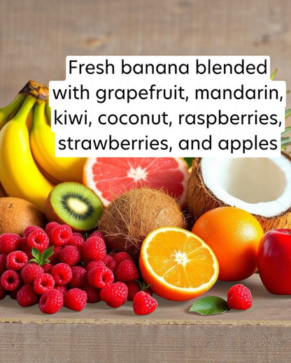 Assorted fruits including bananas, grapefruit, kiwi, coconut, oranges, raspberries, and strawberries on a wooden surface.