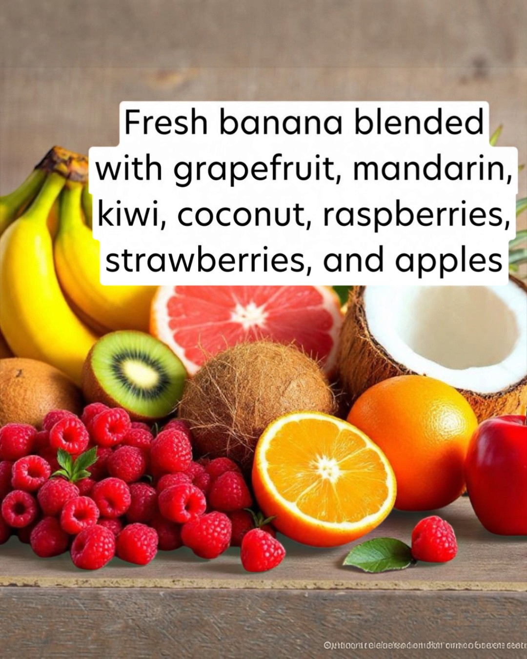 Assorted fruits including bananas, grapefruit, kiwi, coconut, oranges, raspberries, and strawberries on a wooden surface.