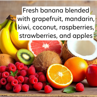 Assorted fruits including bananas, grapefruit, kiwi, coconut, oranges, raspberries, and strawberries on a wooden surface.