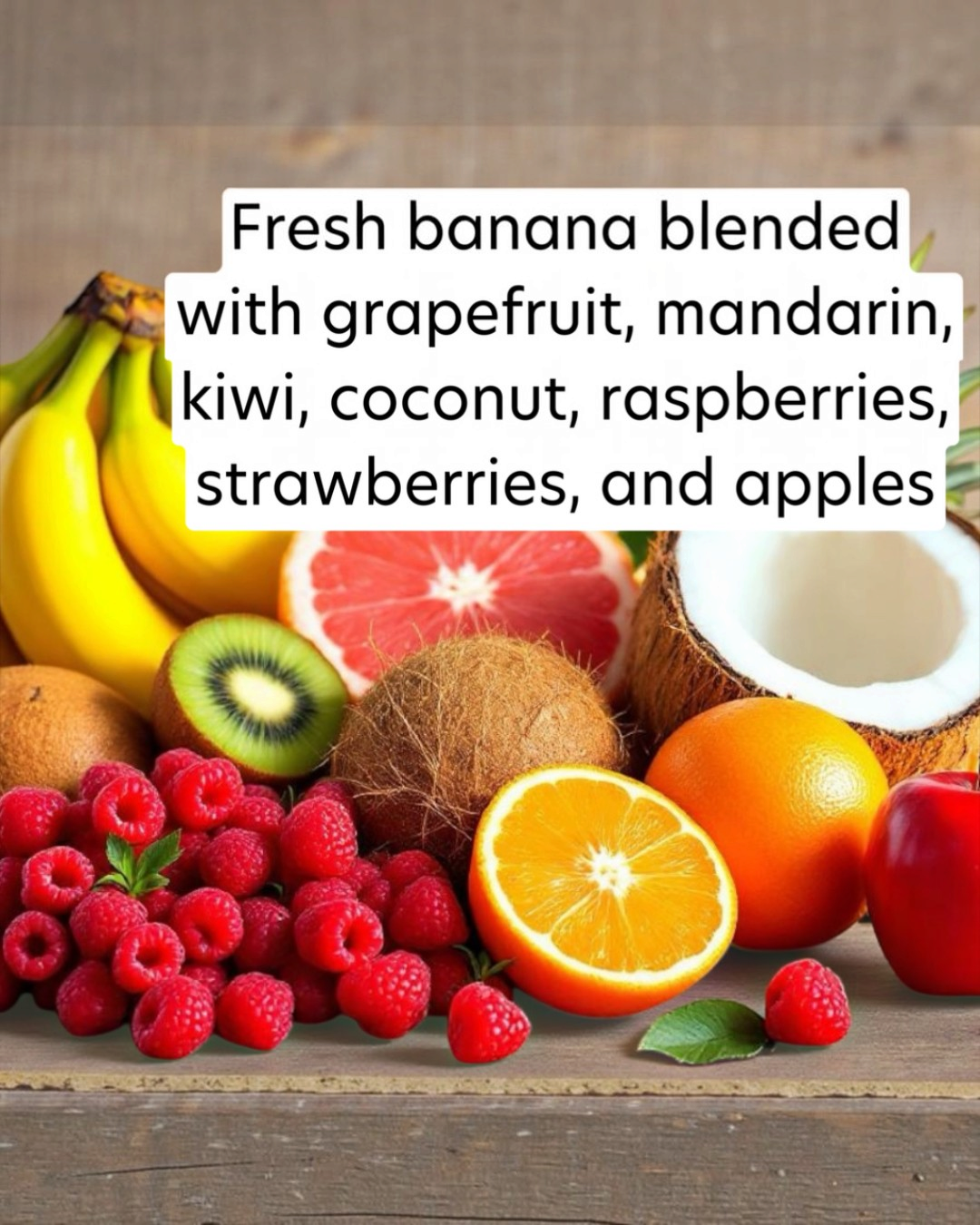 Assorted fruits including bananas, grapefruit, kiwi, coconut, oranges, raspberries, and strawberries on a wooden surface.