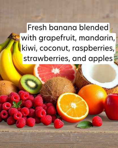 Assorted fruits including bananas, grapefruit, kiwi, coconut, oranges, raspberries, and strawberries on a wooden surface.