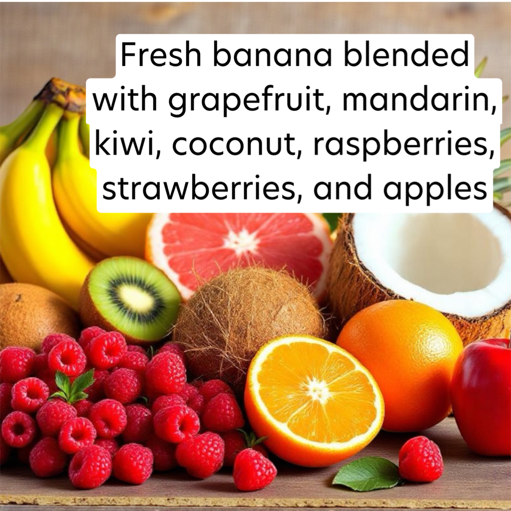 Assorted fruits including bananas, grapefruit, kiwi, coconut, oranges, raspberries, and strawberries on a wooden surface.
