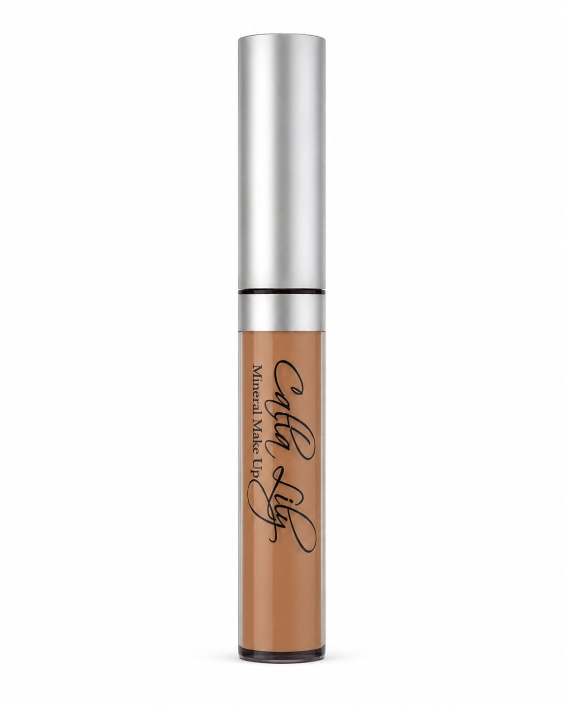 Concealer tube with silver top and brown body on a white background