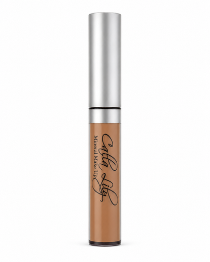 Concealer tube with silver top and brown body on a white background
