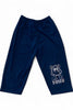 Navy blue pants with a cartoon monster design on a white background