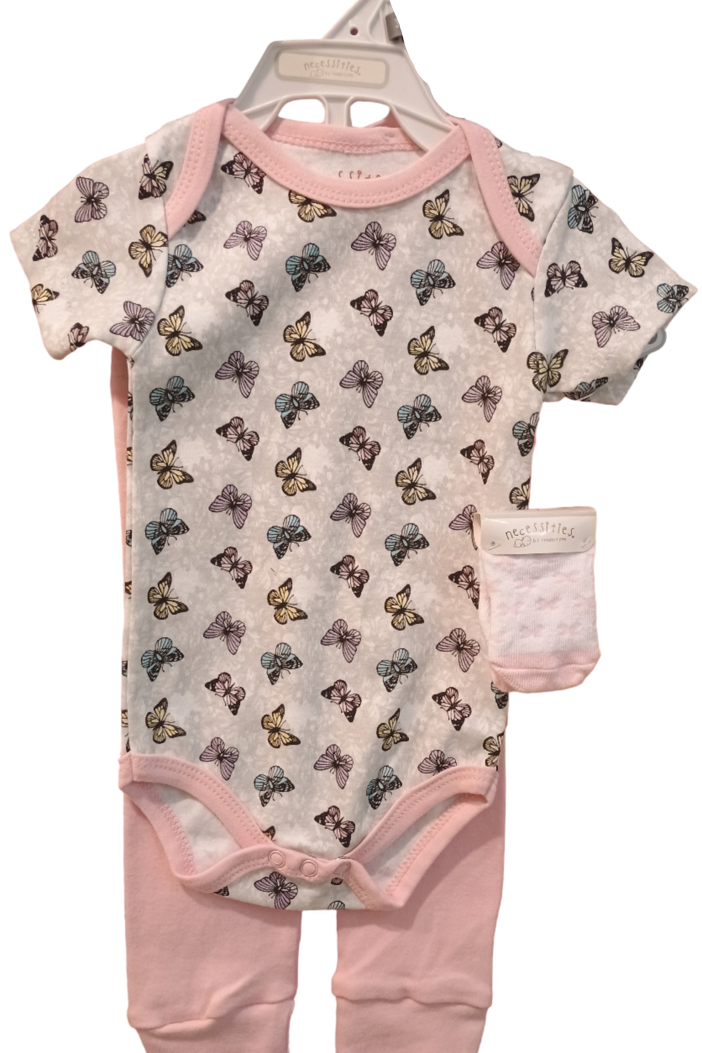 Baby onesie with butterfly pattern on a white background