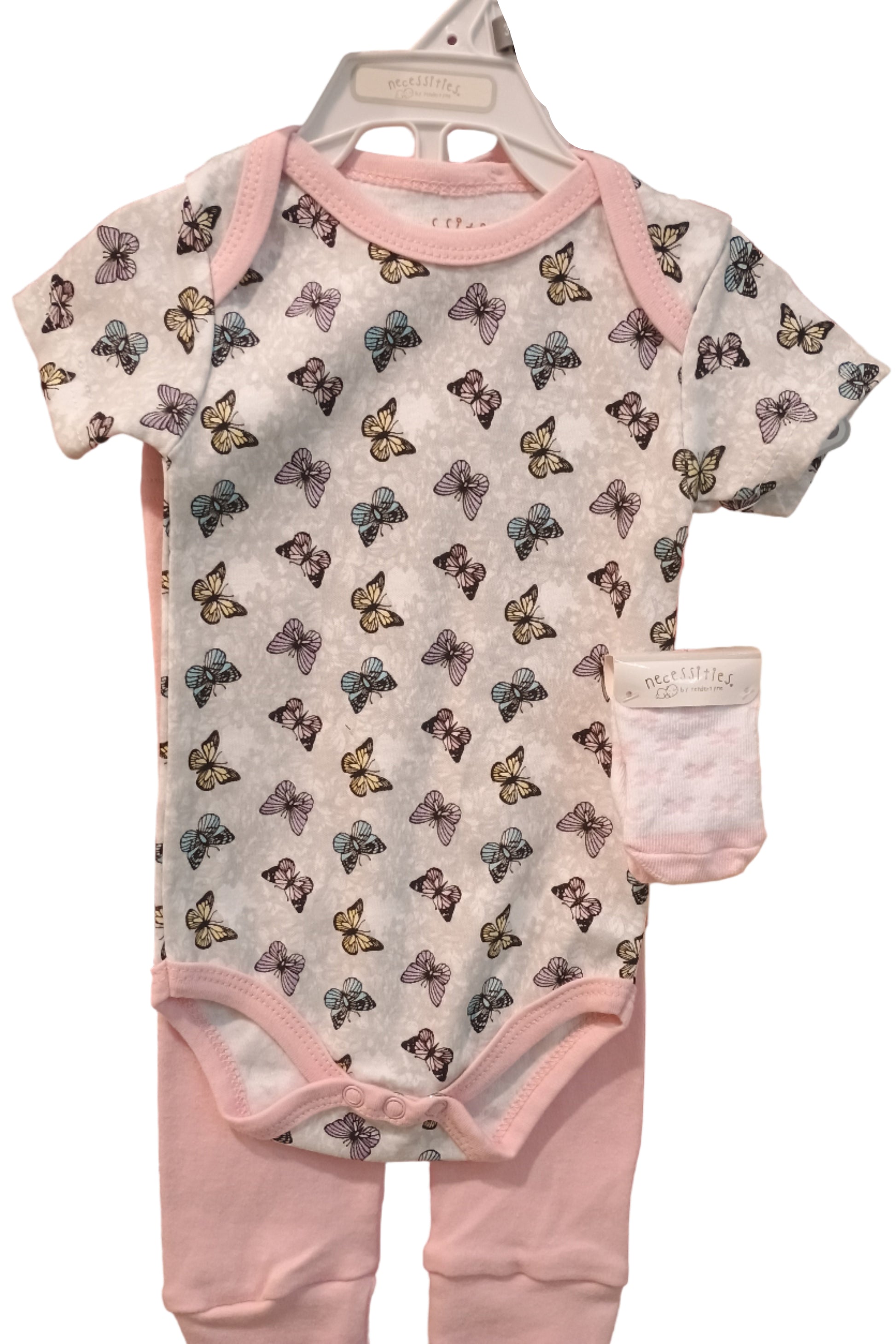 Baby onesie with butterfly pattern on a white background