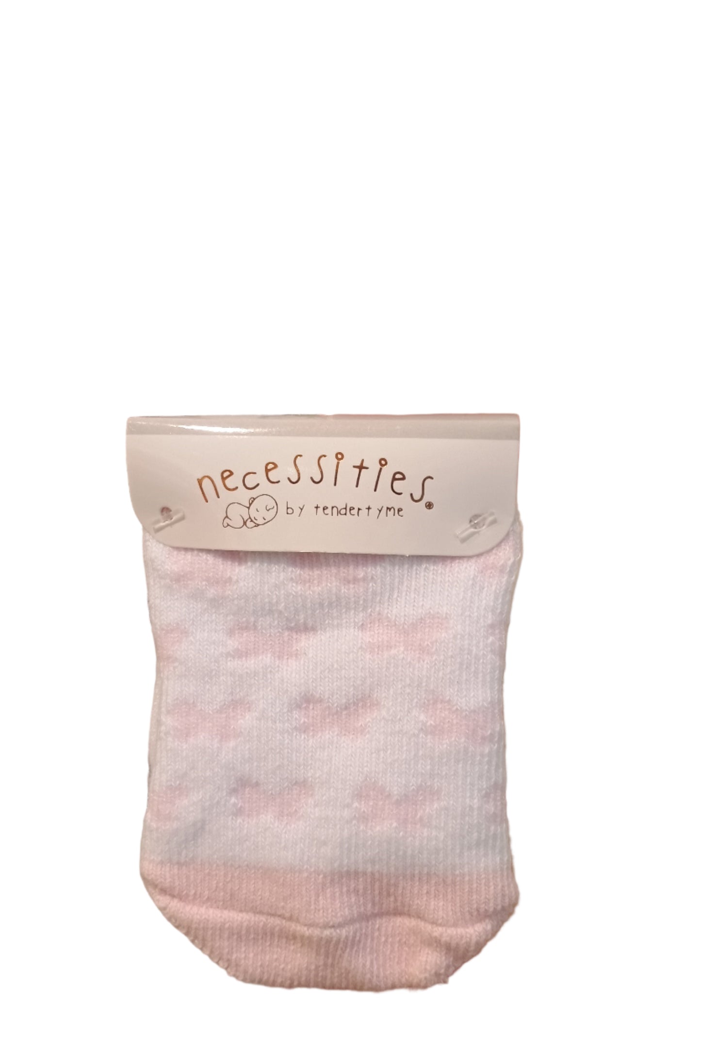 Baby socks with butterfly pattern and 'necessities' label on a pink background