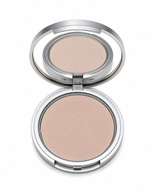 Compact powder in a silver case on a white background