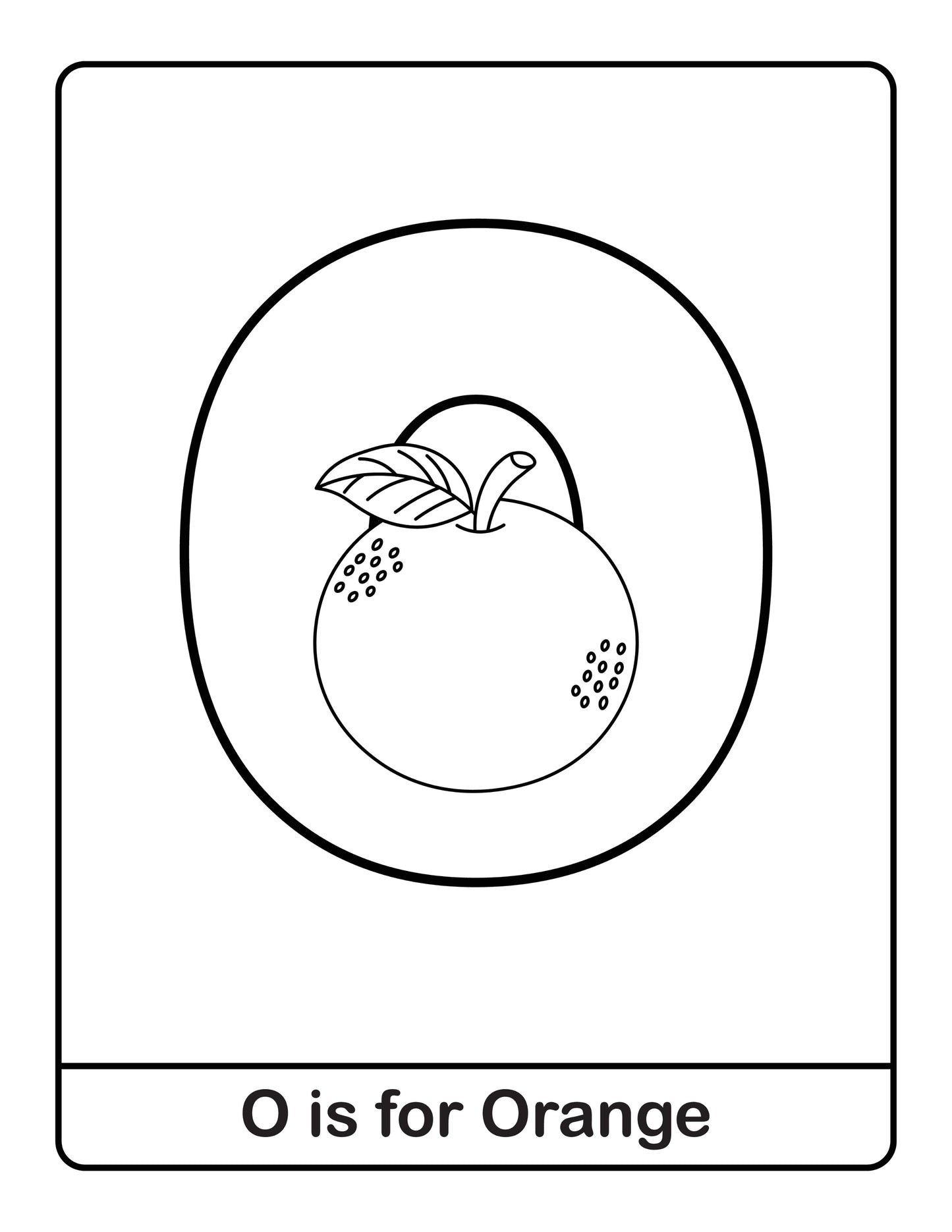 Coloring page with an orange and the text 'O is for Orange' on a white background.