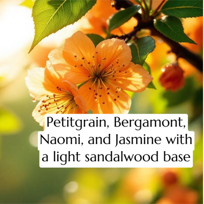 Close-up of orange flowers with green leaves and text overlay on a blurred floral background.