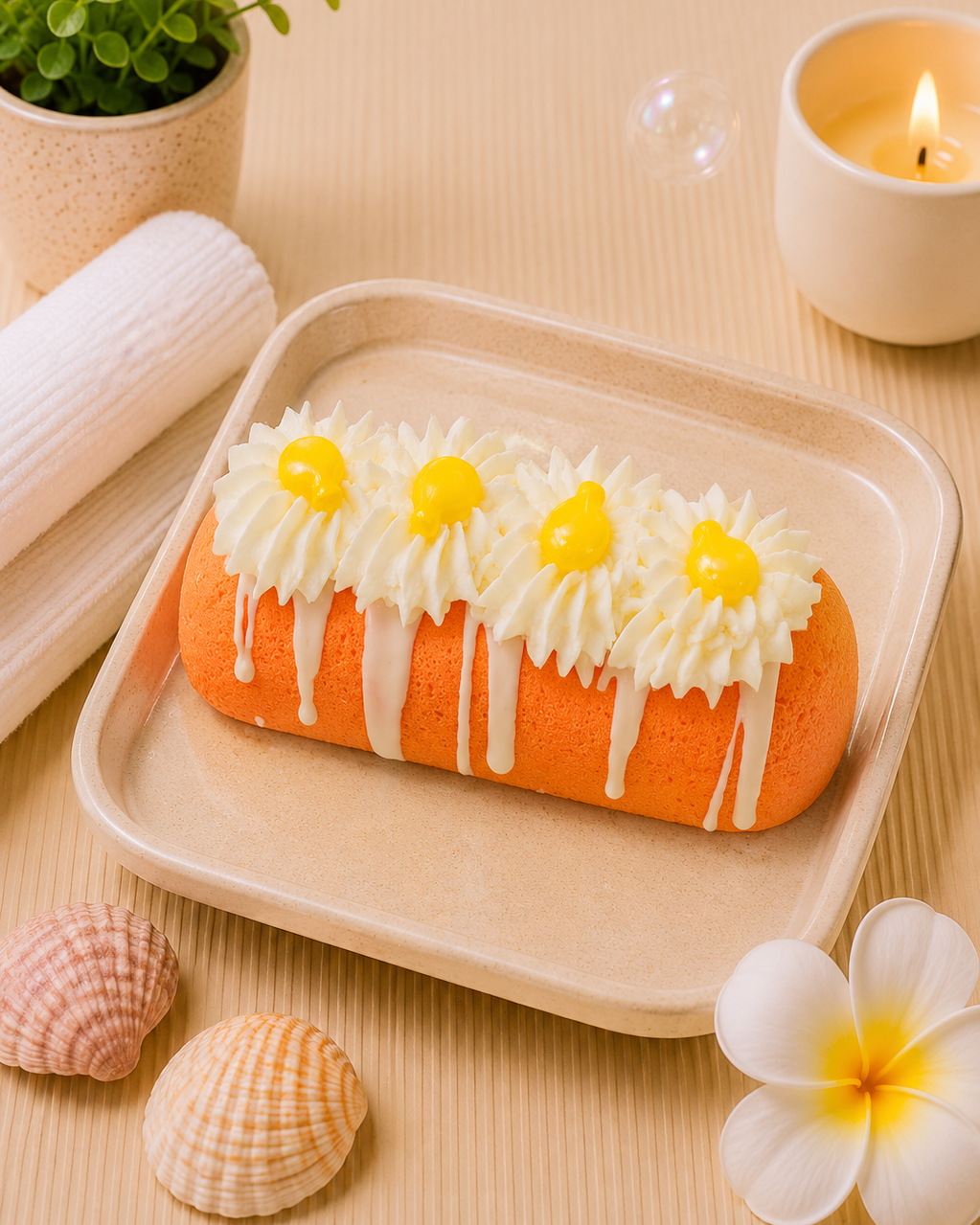 An orange cake roll decorated with white whipped cream and yellow flower toppings, presented on a beige tray with a candle, shells, and a small plant in the background.