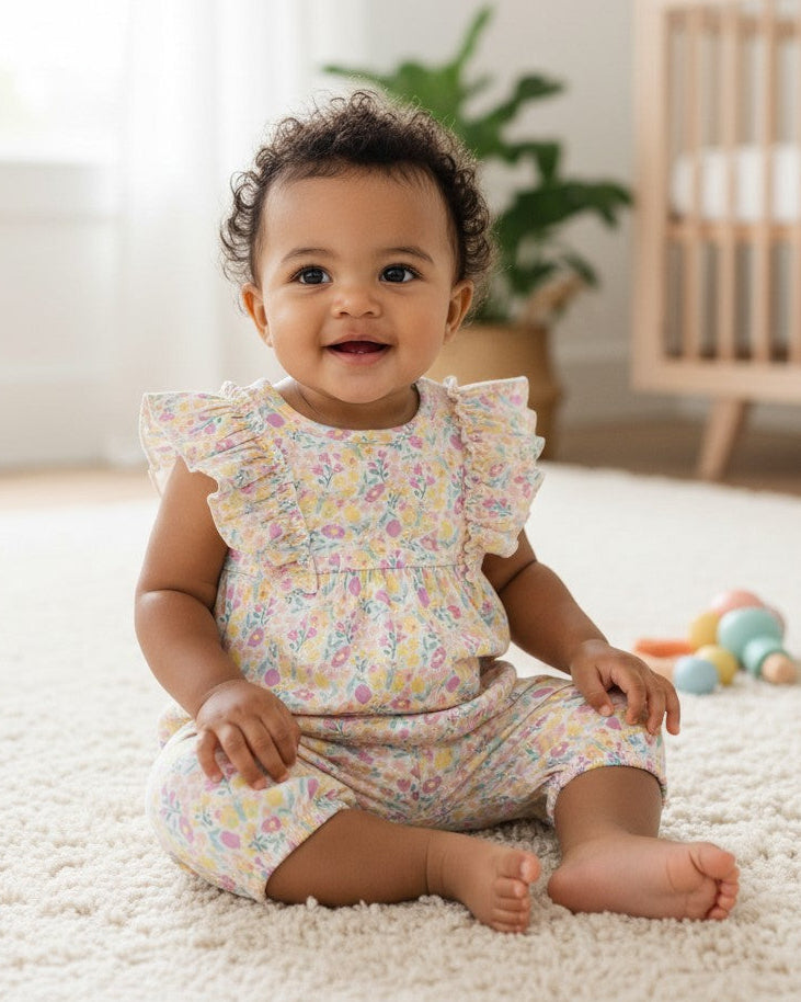 Calla Lily Cosmetics + CL kids pastel floral ruffle romper made from organic cotton for baby girls.